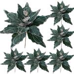 6pcs Poinsettia Blumen künstlich 11 Zoll lebensee Weihnachtsblumen weiche künstliche Blumen mit Glitzerpulver für Weihnachten Neujahrspartydekorationen, Grün, Weihnachtsblumen