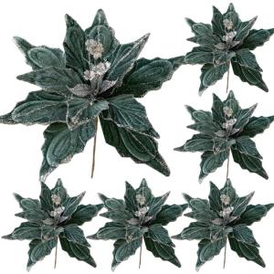 6pcs Poinsettia Blumen künstlich 11 Zoll lebensee Weihnachtsblumen weiche künstliche Blumen mit Glitzerpulver für Weihnachten Neujahrspartydekorationen, Grün, Weihnachtsblumen