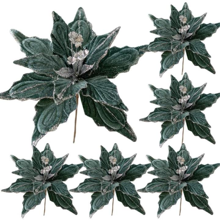6pcs Poinsettia Blumen künstlich 11 Zoll lebensee Weihnachtsblumen weiche künstliche Blumen mit Glitzerpulver für Weihnachten Neujahrspartydekorationen, Grün, Weihnachtsblumen