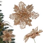 Kunstkerstbloemen, kerstboom bloemen met 15 clips, glitterbloemen, Kerstmis, kunstbloemen voor Kerstmis (champagne)