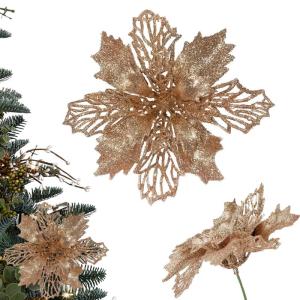 Kunstkerstbloemen, kerstboom bloemen met 15 clips, glitterbloemen, Kerstmis, kunstbloemen voor Kerstmis (champagne)
