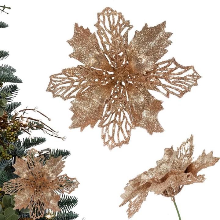 Kunstkerstbloemen, kerstboom bloemen met 15 clips, glitterbloemen, Kerstmis, kunstbloemen voor Kerstmis (champagne)