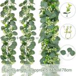 2 stuks kunstmatige eucalyptus slingers, slingers, slinger met groene bladeren, witte bloemen, slinger, kunstplant, hangplant voor achtergrond, bruiloft, decoratie, tafelloper, mid