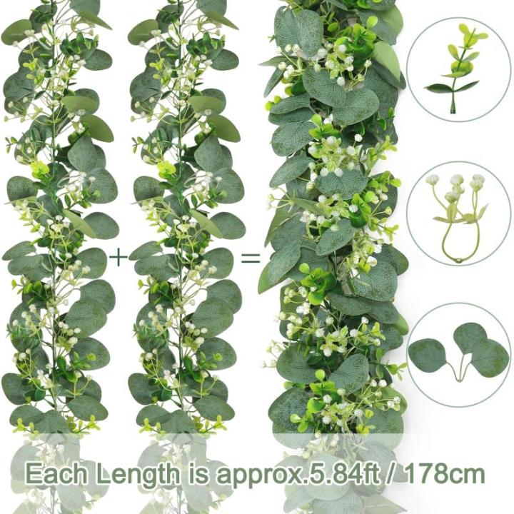 2 stuks kunstmatige eucalyptus slingers, slingers, slinger met groene bladeren, witte bloemen, slinger, kunstplant, hangplant voor achtergrond, bruiloft, decoratie, tafelloper, mid