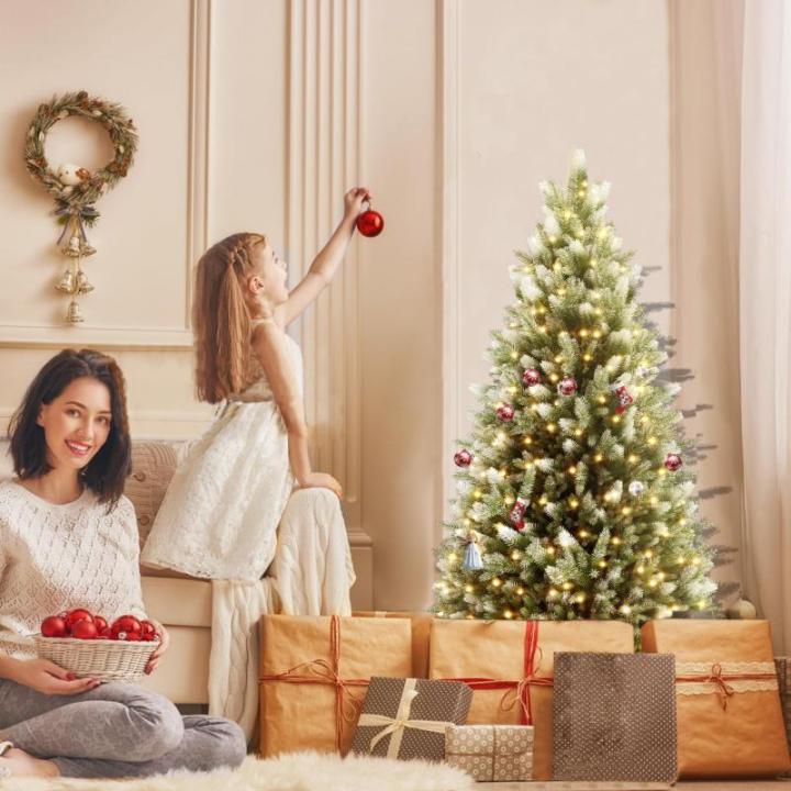 150cm Künstlicher Weihnachtsbaum mit 395 Grün PVC Spitzen & 55 Grün PE Spitzen Tannenbaum Christbaum mit Holzständer & Warmweiß LEDs für Weihnachten, Halloween, Hochzeit (mit