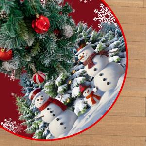 Kerstboomdeken, kerstdecoratie, 120 cm, donkerrood, kerstboomrok, ronde kerstboomdeken met sneeuwpop, polyester dennenboomdeken, sneeuwlandschap, kerstboomdeken voor kerstfeest