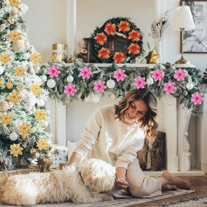 Poinsettia Kerstster, 20 stuks, glitter, kerstster, bloemen met clips, glitterende kerstbloem voor kerstboomdecoraties (roze)