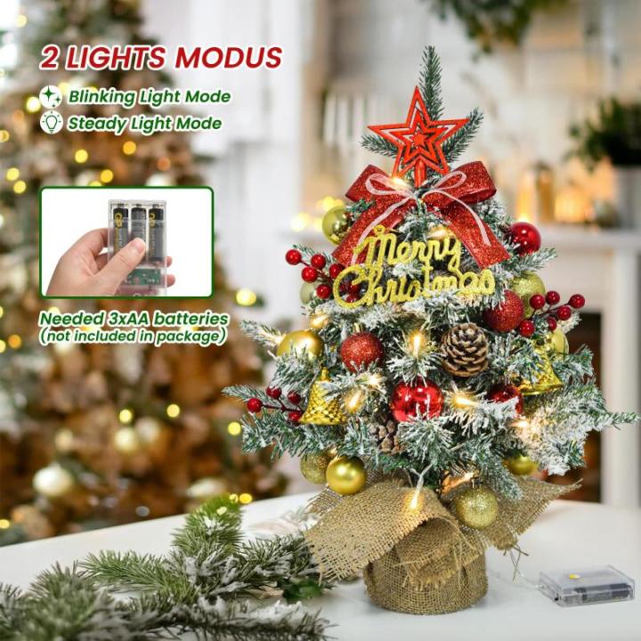 Mini-kerstboom met led, 45 cm kleine kerstboom, versierd met kunstsneeuw en ornamenten, mini-dennenboom voor kerstdecoratie (rood, zilver, goud)