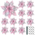 12 stuks glitter kerstster bloemen roze kerstbloemen met 12 stuks kunststof wortelstokken 12 stuks clip kunstglitter kerstboom bloemen voor bruiloft kerstboom decoraties