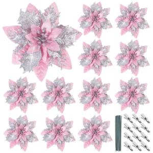 12 stuks glitter kerstster bloemen roze kerstbloemen met 12 stuks kunststof wortelstokken 12 stuks clip kunstglitter kerstboom bloemen voor bruiloft kerstboom decoraties