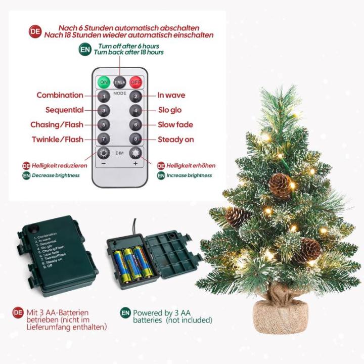 Mini-kerstboom met verlichting, led en witte sneeuw, 40 cm dennenboom met sterboompiek en echte dennenappels, voor kerstdecoratie, advent