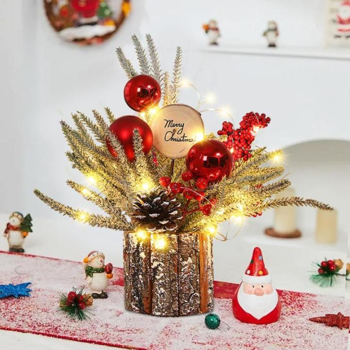 LED Weihnachtsbaum Deko,37CM Kleiner Weihnachtsbaum mit Beleuchtung Kleiner Tannenbaum Künstlich mit Tannenzapfen Beere Weihnachtsbaum Holz Weihnachtsgesteck für Tischdeko Weihna
