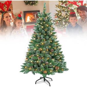 Kunstkerstboom met verlichting, sneeuweffect, led, kerstboom, dennenbouw, kerstdecoratie met ijzeren standaard, 120 cm, 120 cm