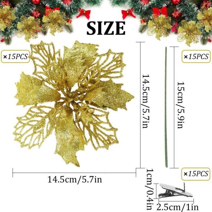 Weihnachtsblumen Künstlich, Weihnachtsbaum Blumen Mit 15 Clips, Glitzer Blumen Weihnachten, Künstliche Blumen für Weihnachten (Gold)