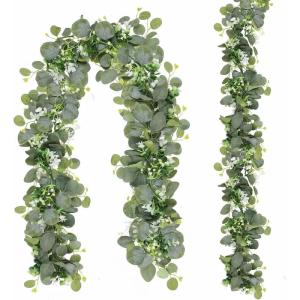 Slinger van kunstmatige eucalyptusbladeren, 2 stuks, groene wijnstokken, slinger met witte bloemen, 15,5 m, hangende klimy-slinger voor bruiloft, boog, achtergrond, thuis, tafel, b