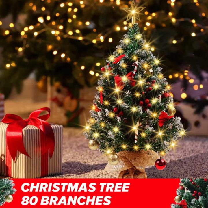 Mini kerstboom van 60 cm met 50 led-lichtslingers, doe-het-zelf kunstkerstboom met ster en rode strikken, dennenappels en rode bessen, decoratie voor Kerstmis, thuis, keuken, eetta