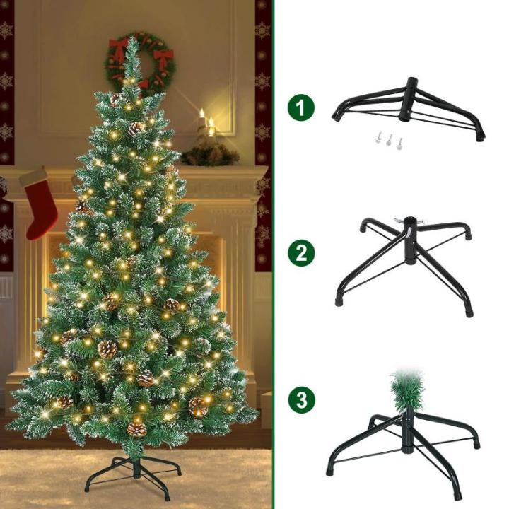 Kunstkerstboom met verlichting, dennenboom, groen, pvc, met sneeuweffect, met dennenappels, kerstdecoratie met metalen standaard, 120 cm