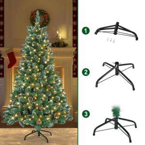 Kunstkerstboom met verlichting, dennenboom, groen, pvc, met sneeuweffect, met dennenappels, kerstdecoratie met metalen standaard