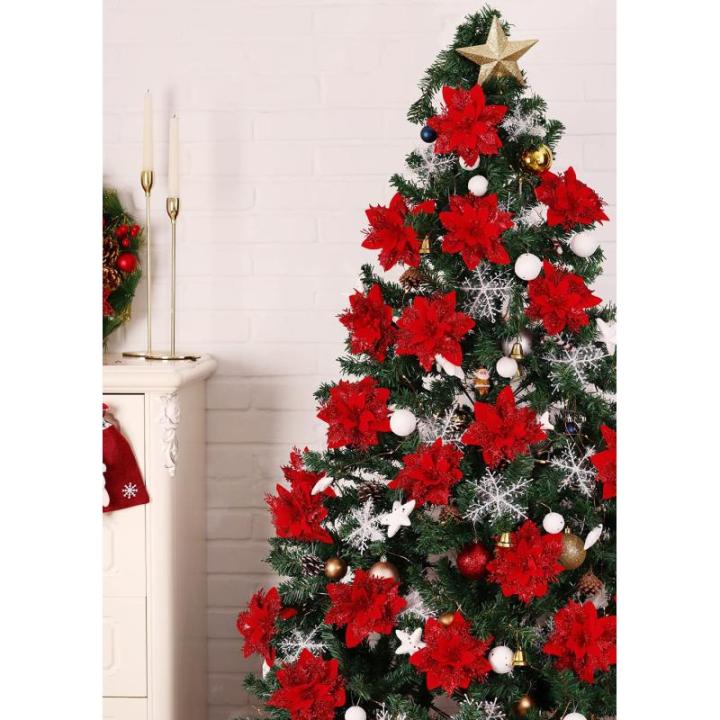 Kunstbloemen, Poinsettia, glitter, kerstbloemen met clips, boomversiering, ornamenten voor doe-het-zelf kransen, slinger, huis, feest, vakantie, decoratie, 15 stuks, 14 cm, rood