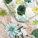 Künstliche Blumen Combo Grüne Blumen Mix Seidenblumen Dahlie Rosen mit Stielen für DIY Hochzeit Brautsträuße Babyparty Blumenarrangement Tischaufsätze Heimdekorationen