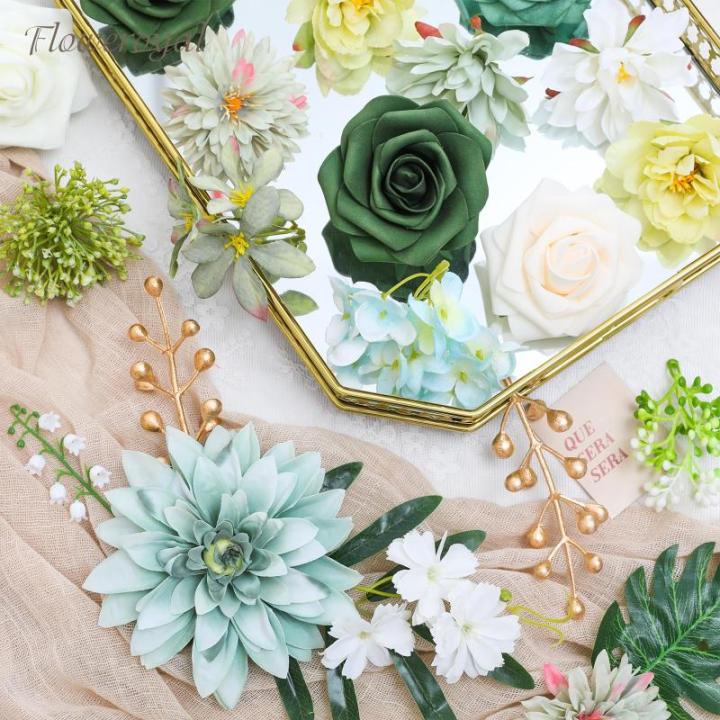 Künstliche Blumen Combo Grüne Blumen Mix Seidenblumen Dahlie Rosen mit Stielen für DIY Hochzeit Brautsträuße Babyparty Blumenarrangement Tischaufsätze Heimdekorationen