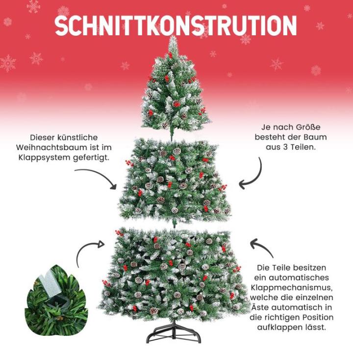 arivoo Binja Opvouwbare kerstboom, versierd met 800 takken, 37 dennenappels, 24 bessen en standaard, buigbare pvc-punten met sneeuwvlokken, moeilijk ontvlambaar (H180 cm)