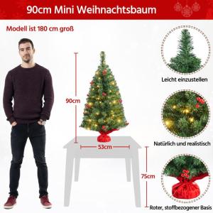 90 cm mini-kunstkerstboom met 50 warmwitte ledlampen en 60 rode bessen, kleine kerstboom, tafel, dennenboom voor kerstdecoratie, groen