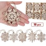 Homewit Houten hanger sneeuwvlokken boomversiering, 18 stuks kerst houten kerst hangende ornamenten kerstboomversiering met jute touw voor kerstboom - 7 cm