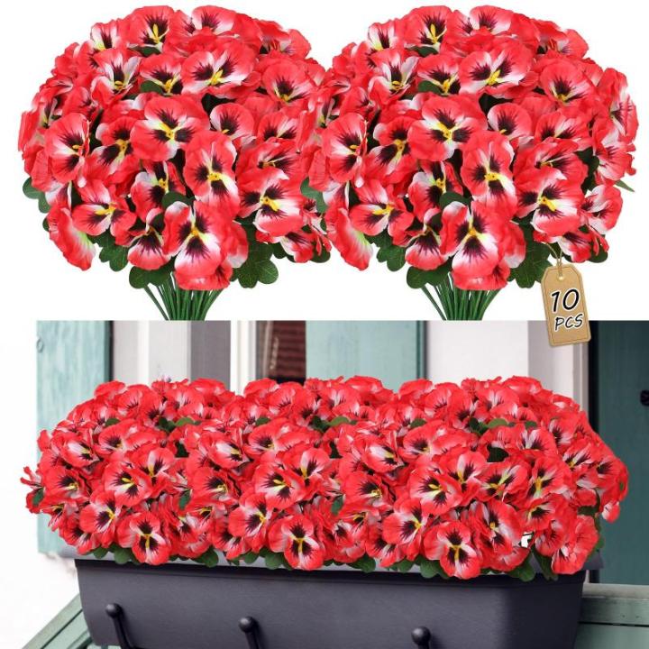 10 bundels kunstbloemen zoals echt balkon, kunstbloemen, buiten, uv-bestendig, weerbestendig, kunstbalkonplanten, balkonbloemen voor huis, vensterbank, bruiloft, decoratie, rood