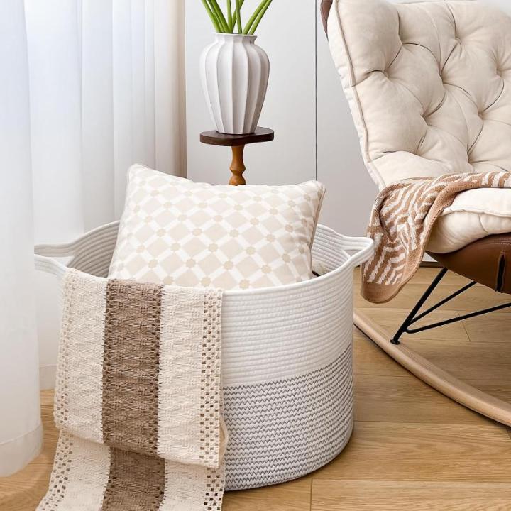 XXL grote wasmand, opbergmand, wasmand voor kinderen, opbergmand voor speelgoed, katoenen touw, mand met handvat voor dekens en kussens, 55 x 35 cm, wit met