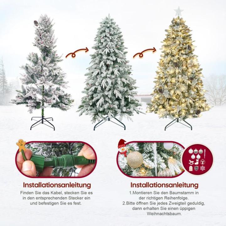 Kunstkerstboom met verlichting met sneeuw en STK, kerstballen, kerstdecoratieset, metalen standaard (180 cm, champagnegoud)
