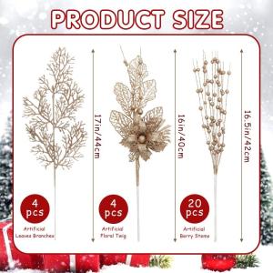 28 stuks kerst glitter bloemen bessen stelen kunstmatige kersttakken, kerstboomversiering, kunsttakken, kerstboom, plukken voor doe-het-zelf vakantie, handwerk, krans, woondecorati