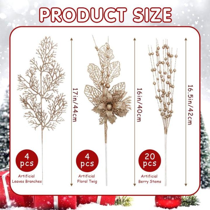 28 stuks kerst glitter bloemen bessen stelen kunstmatige kersttakken, kerstboomversiering, kunsttakken, kerstboom, plukken voor doe-het-zelf vakantie, handwerk, krans, woondecorati