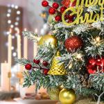 Mini-kerstboom met led, 45 cm kleine kerstboom, versierd met kunstsneeuw en ornamenten, mini-dennenboom voor kerstdecoratie (rood, zilver, goud)