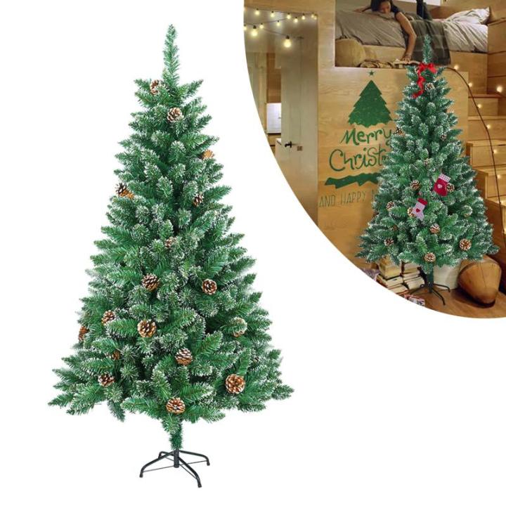 Kunstkerstboom, 150 cm, pvc, groen pvc, met sneeuweffect, dennenappels, kerstboom met snel op te bouwen, klapsysteem, brandvertragende kunstdennenboom met metalen standaard