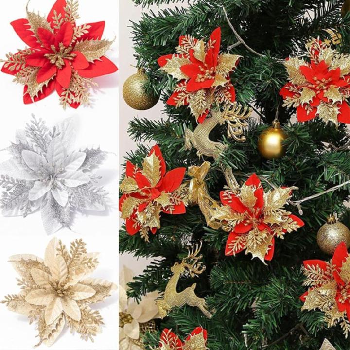 12 stuks kerstdecoratie, kunstbloemen voor Kerstmis, kerstster, kunstdecoratie, bloemen, fonkelende kerstster, bloemen, glitter, kerstboomdecoratie (zilver)