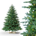 Nordmann Kunstkerstboom, pvc en PE, 150 cm, kunstdennenboom met houten standaard, verlichting led, vlamvertragend, automatische kerstboom, natuurgetrouwe kunstkerstboom