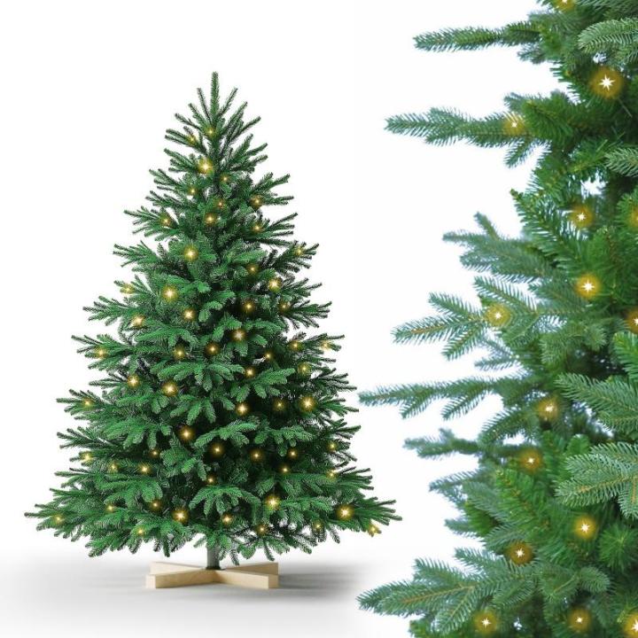 Nordmann Kunstkerstboom, pvc en PE, 150 cm, kunstdennenboom met houten standaard, verlichting led, vlamvertragend, automatische kerstboom, natuurgetrouwe kunstkerstboom
