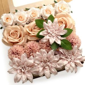 Gemischte Kunstblumen, Verschiedene Künstliche Seidenblumen mit Dahlien Rosen mit Stiel für DIY Basteln Hochzeitssträuße, Tafelaufsätze, Kuchenblumen, Arrangements, Party Heim
