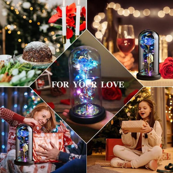 Rozencadeaus voor vrouwen, moeders, vrouwen, kleurrijke kunstroos, cadeau voor vrouwen, altijd in glazen koepel voor verjaardag, Kerstmis, Moederdag, decoraties (blauw)
