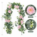 Künstliche Eukalyptus-Blumengirlande mit rosa Rosen, künstliche Pflanzen, Seide, Blumen, grüne Girlande, Kunstschleierkraut, Efeu-Ranken für Hochzeit, Dekoration, Zuhause, Weih