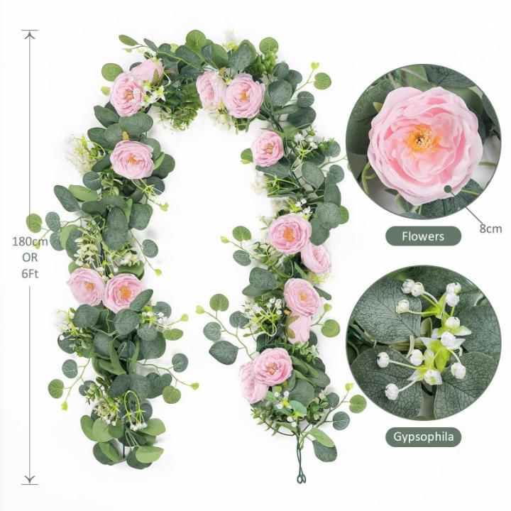 Künstliche Eukalyptus-Blumengirlande mit rosa Rosen, künstliche Pflanzen, Seide, Blumen, grüne Girlande, Kunstschleierkraut, Efeu-Ranken für Hochzeit, Dekoration, Zuhause, Weih