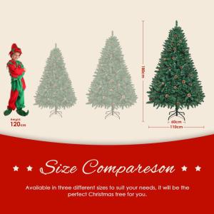 Kunstkerstboom, groen, 180 cm, 1100 takken, dennenboom met takken en dennenappels, incl. metalen standaard
