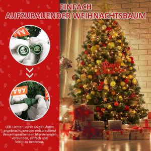 Kunstkerstboom met 250 leds, met sneeuw, 180 cm (diameter circa 110 cm), 1000 tips, versierde kerstboom met dennenappels, snelmontage-systeem, vlamvertragend, inklapbare standaard,