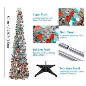 Kunstkerstboom met standaard, 1,5 m, opvouwbare pop-up kerstboom met pailletten voor Kerstmis, feestbenodigdheden, huisdecoratie, zilverkleurig