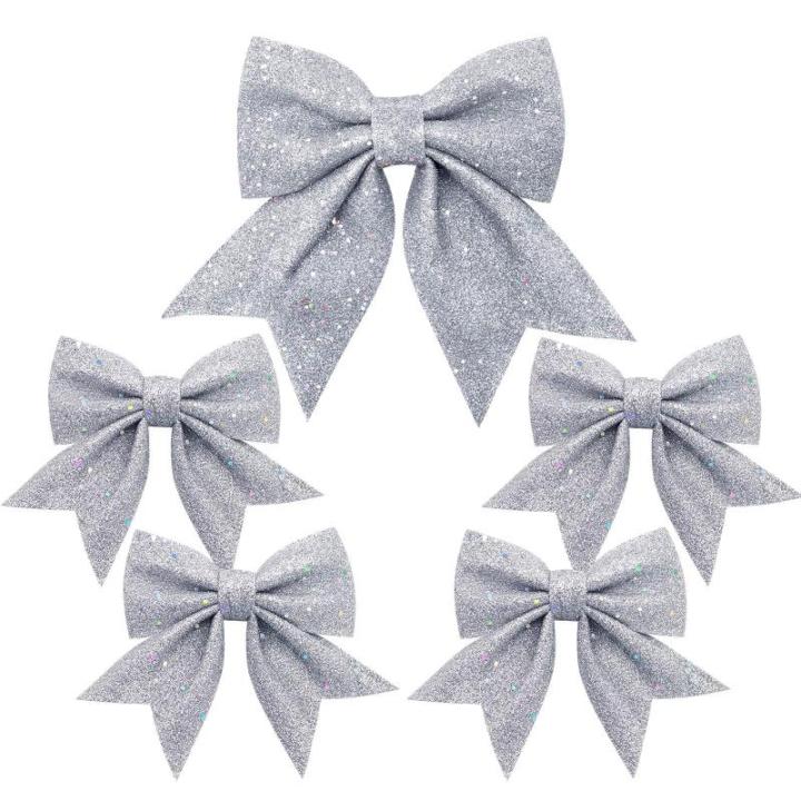 1 + 4 stuks zilveren strikken Kerstmis kerstboom strikken glitter kerstboomversiering voor familiefeesten feestdecoratie voor Kerstmis vakantie bruiloft feesten (2 maat)