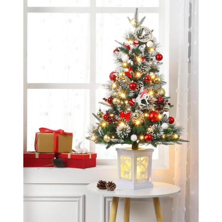 Kunstkerstboom, 90 cm, met 78 verlichting, sneeuwvlokken, op batterijen, pre-lit premium met rode bessen, kerstdecoratie voor thuis, kantoor, witte basis