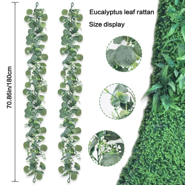 2 stuks eucalyptus slinger, kunstslinger, plant 1,8 m, hangende groene bladeren, decoratie met witte bloemen, zilveren dollar, eucalyptusranken, voor achtergrond, bruiloft, boog, g