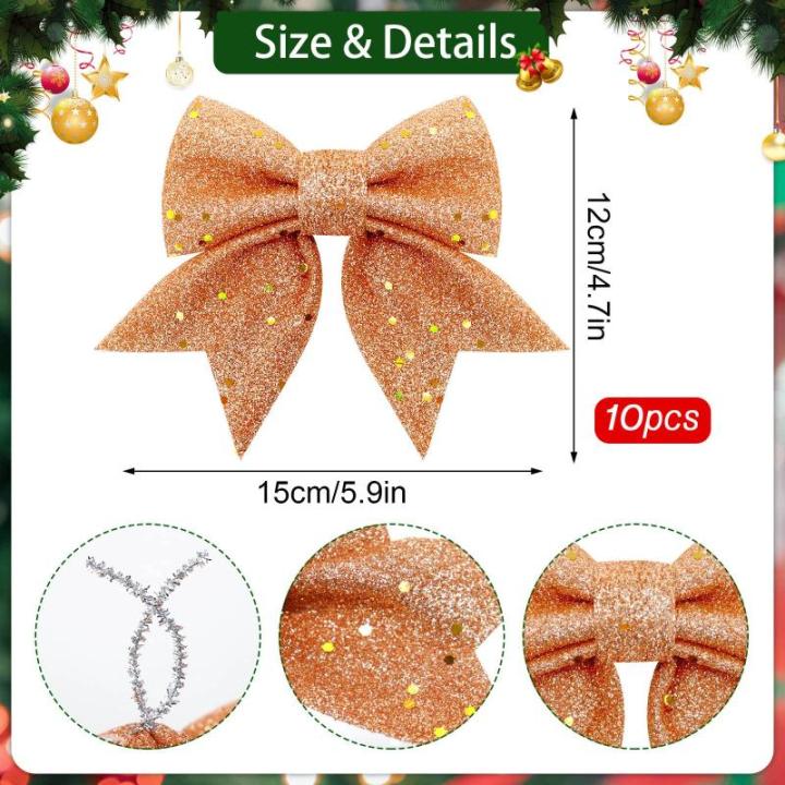 10 stuks roségouden strikken, kerststrikken, glitter-kerstboomstrikken, kerstboomversiering voor familiefeesten, feestdecoratie voor Kerstmis, vakantie, bruiloft, feesten