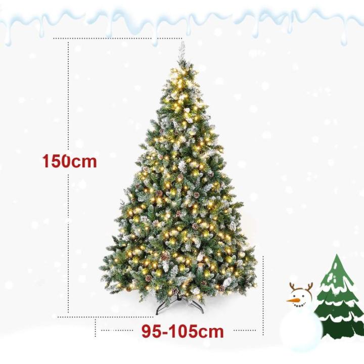 Kunstkerstboom met verlichting, witte sneeuw, led-dennenboom voor kerstdecoratie, 150 cm